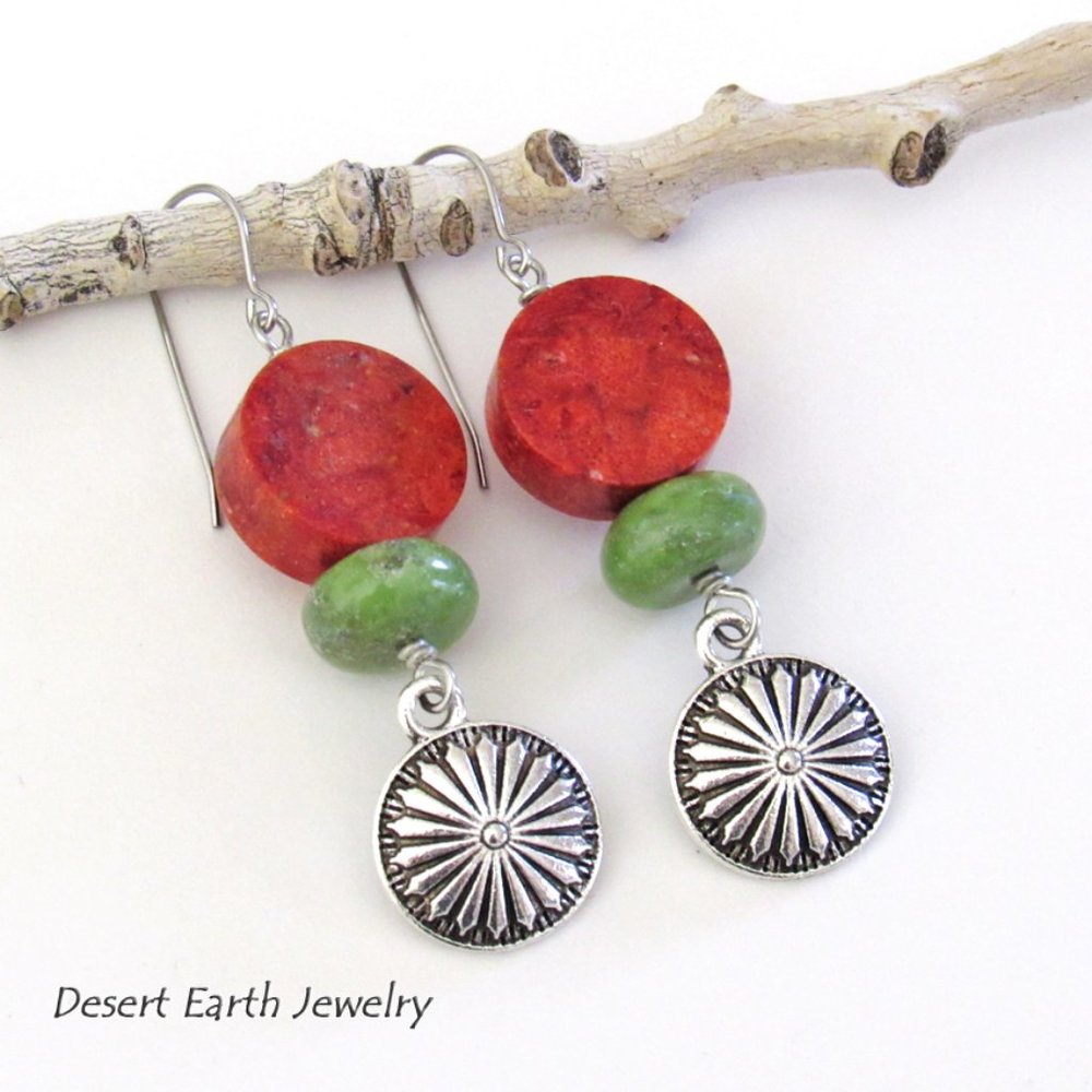 Handmade Silver Pewter Concho Earrings with Red Coral & Green Serpentine Stones